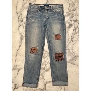 Anthropologie Leather Patched Pilcro Mid-Rise Slim Boyfriend Jeans